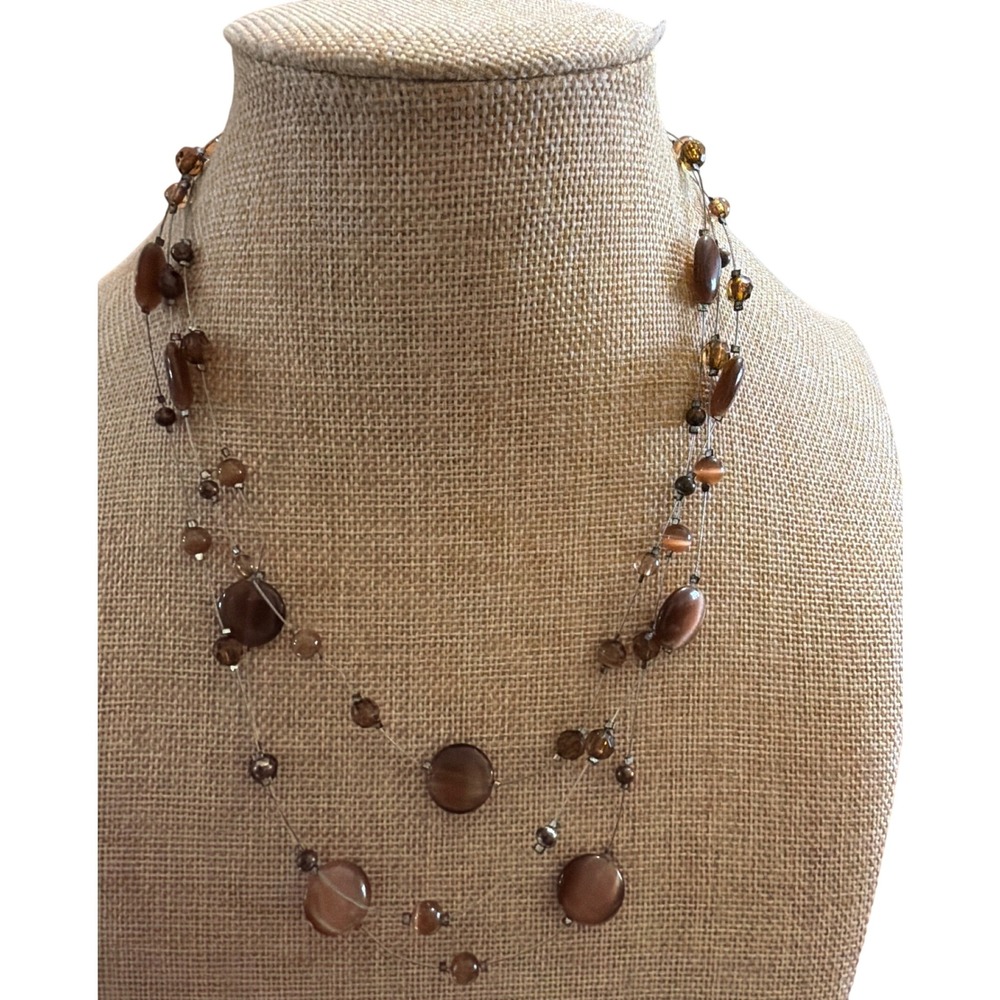 Brown Multi Strand Illusion Floating Bead Necklace Earth Tone Boho Earthy
